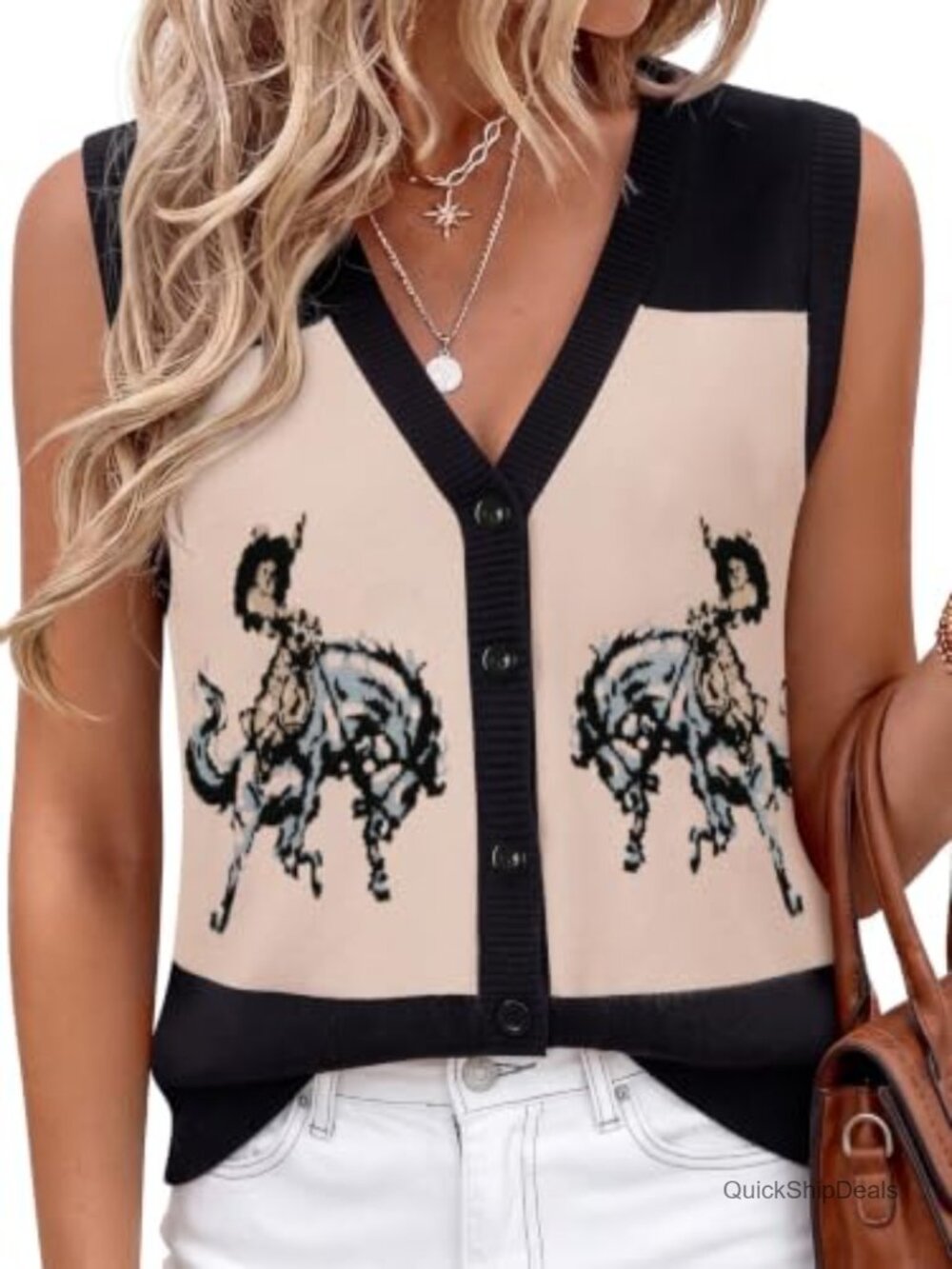 Western Jacquard Knit Sweater Vest Button Front V-Neck Sleeveless